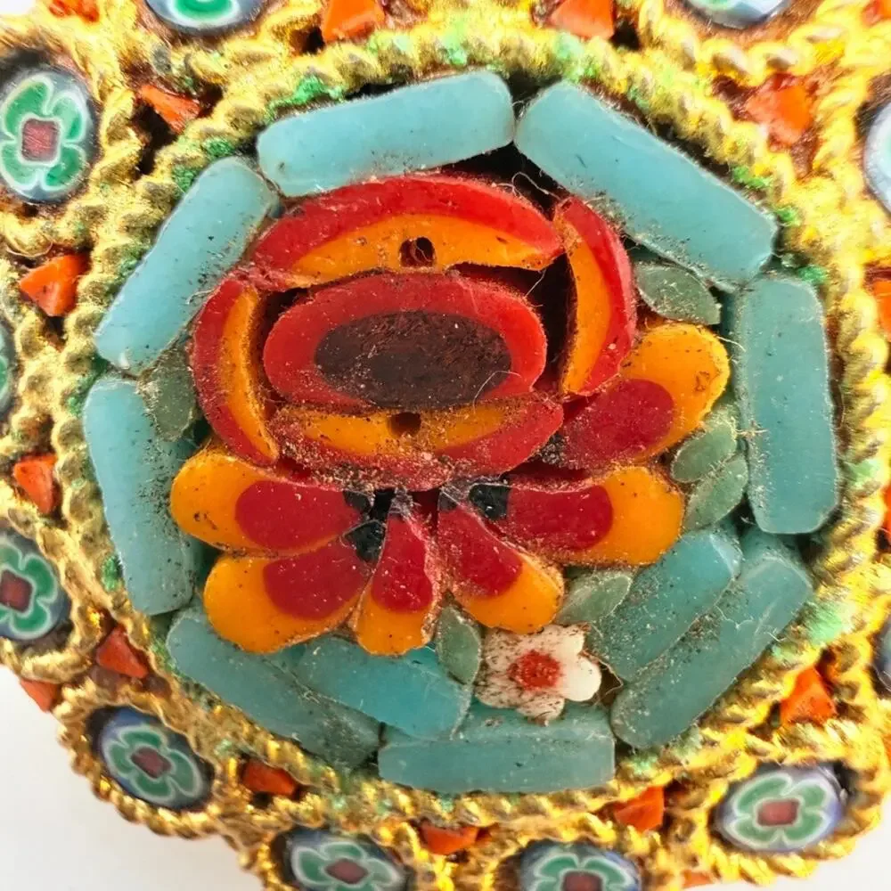 Vintage Micro Mosaic Brooch Pin Bouquet Red Yellow Roses Blue Tile Italy style